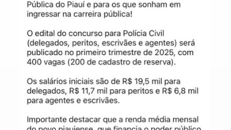 Rafael Fonteles anuncia concurso para Polícia Civil com 400 vagas no primeiro trimestre de 2025