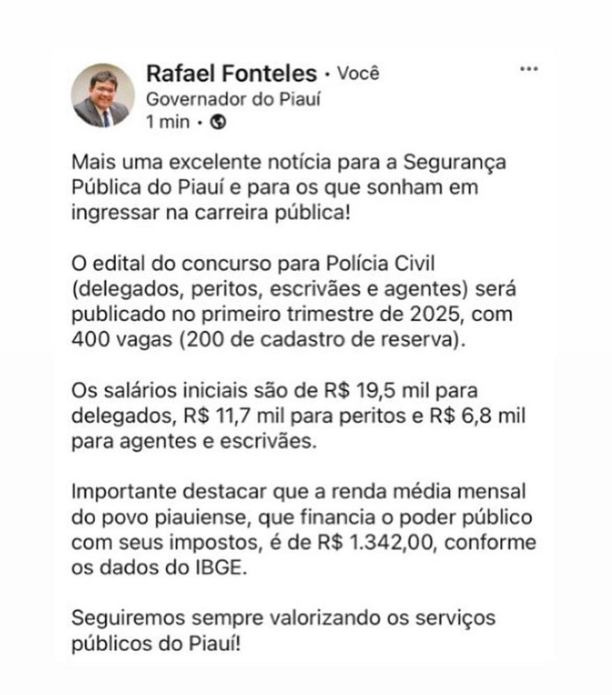 Rafael Fonteles anuncia concurso para Polícia Civil com 400 vagas no primeiro trimestre de 2025