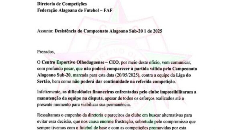 CEO é eliminado do Campeonato Alagoano Sub-20 após desistência por crise financeira
