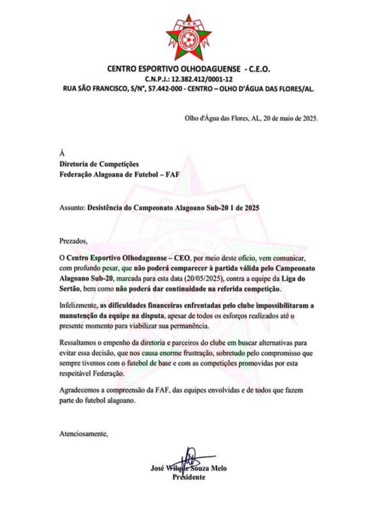 CEO é eliminado do Campeonato Alagoano Sub-20 após desistência por crise financeira